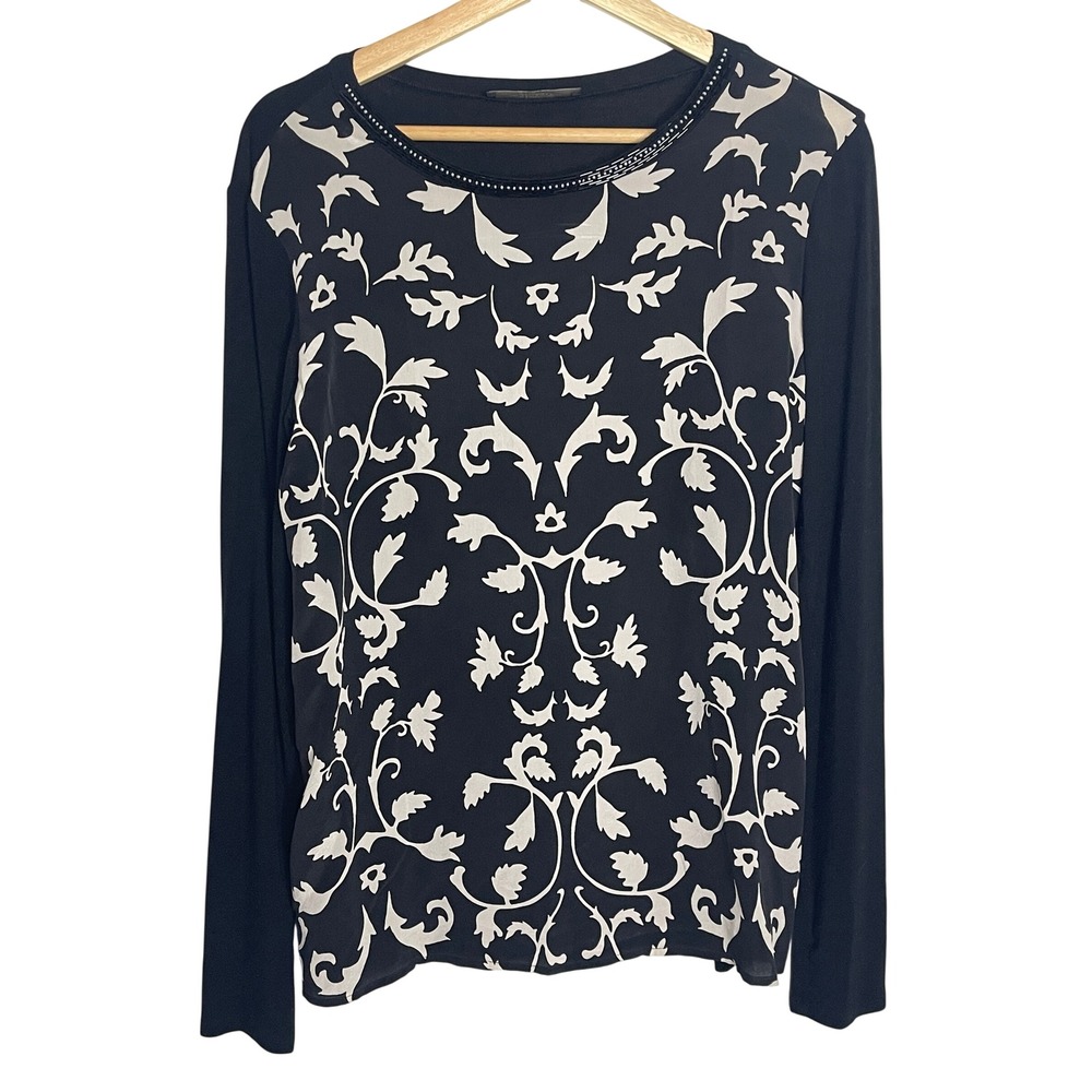 Weekend Max Mara Black Damask Print Beaded Neck Long Sleeve Top A6.WEK.TSH.04B